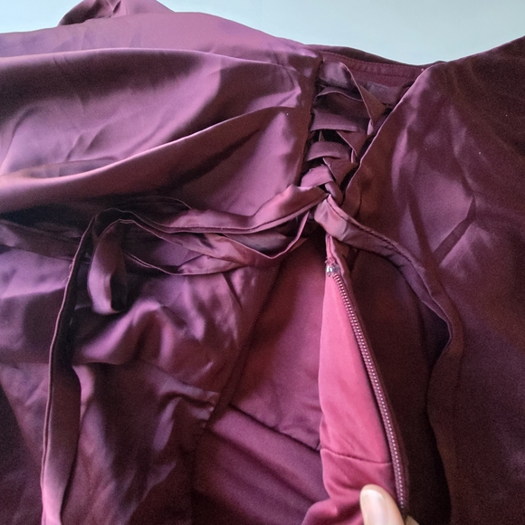 Wear Your Love Burgundy Satin Style Asymmetrical Sleeve Midi Dress Formal - Picture 9 of 15